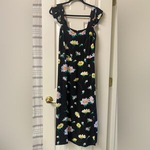 LOFT Black Floral Midi Dress with Pastel Blooms Size 8